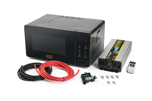 Zestaw - Kuchenka Mikrofalowa ROADCHEF 600W, 15L, czarna, przetwornica 24V pełny sinus 1500W